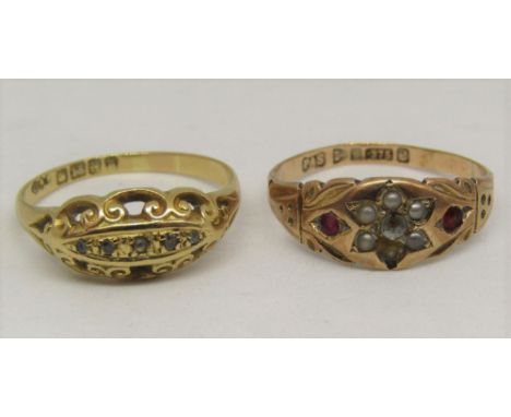 18ct diamond set ring with scrolled mount, size P, together with a 9ct gypsy ring (af), 4g total (2)