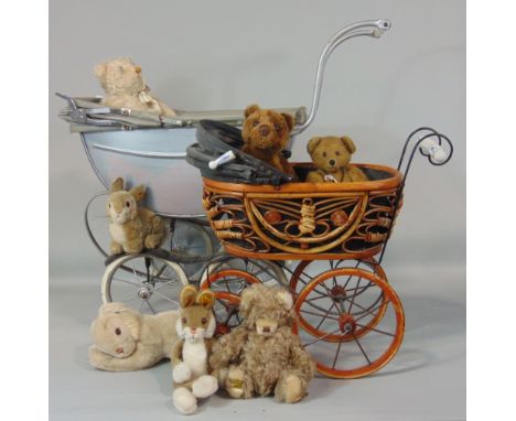 Vintage toy collection including three prams, a high chair, three Steiff rabbits all with pin in ear, two Merrythought bears 