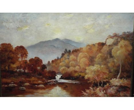 A Hacker - Extensive mountainous river landscape, oil on canvas, signed, 61 x 91cm, together with two further oil paintings, 