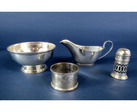 A mixed collection of silver to include a 1920s silver pedestal bowl, further silver cream jug, napkin ring and pepper with b