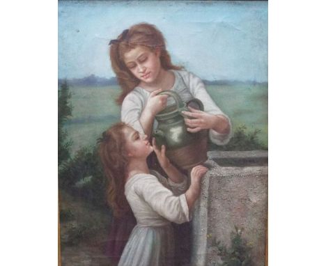 H P Lancaster (20th century British) - Study of two girls at a water fountain, oil on canvas, signed, 65 x 50cm, together wit