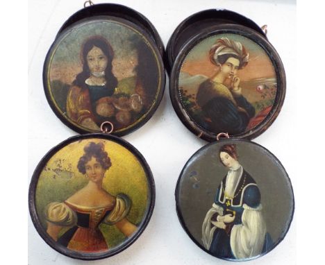 A collection of four circular boxes and covers with naive style painted decoration of female characters in 19th century style