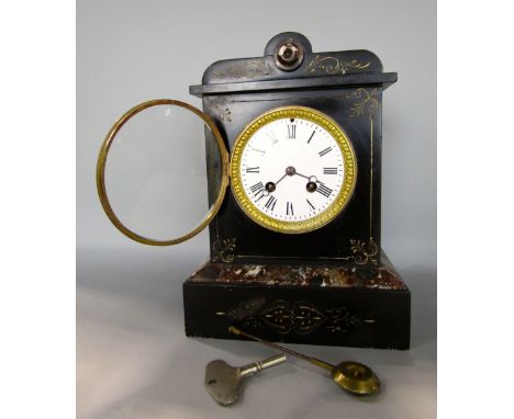 19th century black slate twin train mantel clock, the convex enamel dial with Roman numerals with gilt darted borders, 28cm h
