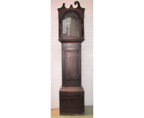 A Georgian oak longcase clock case with inlaid star detail to door, beneath a stepped and moulded hood with split moulded col