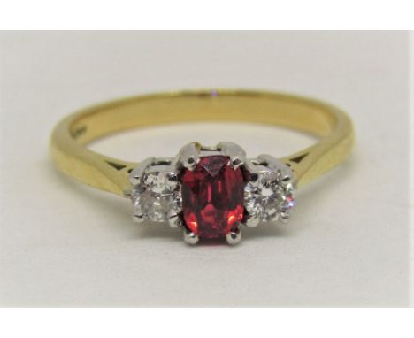 18ct red topaz and diamond three stone ring, size N, 3.2g