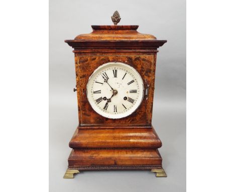Burr walnut mantel clock, with convex glass and cushion case, two train enamel dial with Roman numerals, striking on a gong, 