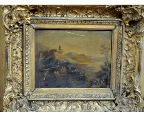 Early 19th Century School, continental landscape with figures, oil on board, 13 x 17 cm in moulded gilt frame