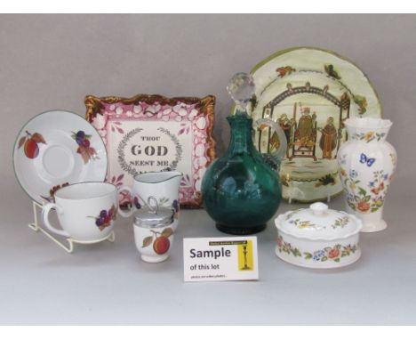 A collection of Royal Worcester Evesham pattern wares, Aynsley Cottage Garden pattern wares, a pink plaque with religious ins