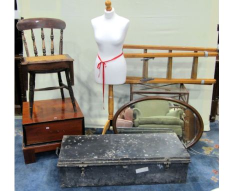 One lot of misc items to include a Windsor stained elm and beechwood kitchen chair, oval wall mirror with bevelled edge plate