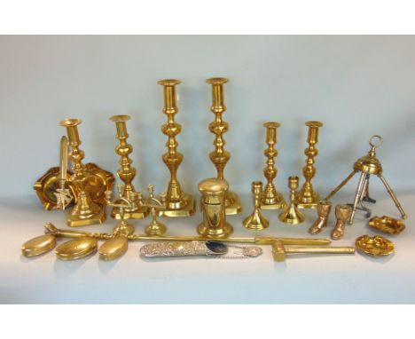 A box of brassware to include a collection of candlesticks, ashtrays and others, two snuff boxes, Regency period Griffith pat