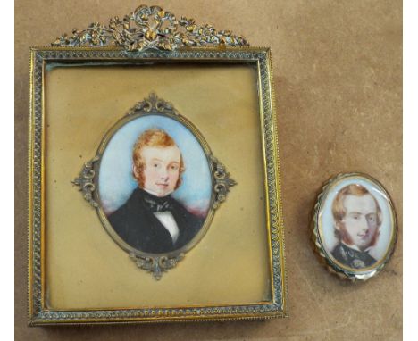 A mid-19th century miniature portrait of a red headed gentleman, 6cm max oval in gilt metal frame, together with a further ov