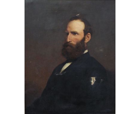 19th century British school - Half length portrait of a seated male figure in profile, oil on canvas, 80 x 65 cm in moulded g