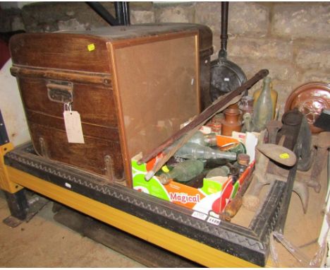 One lot of miscellaneous items to include a collection of various old glass bottles, cast iron shoe lasts, two copper bed war