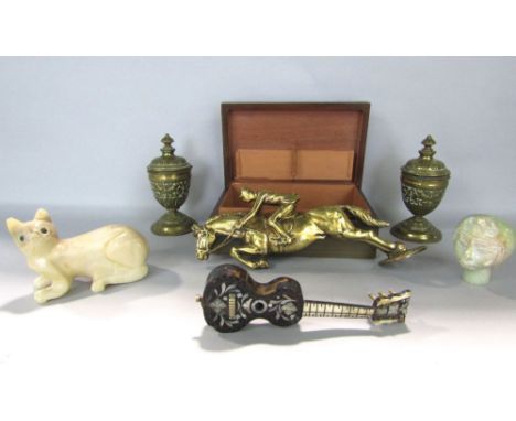 A box of interesting items to include a cedar lined casket of horn, a car mascot in the form of a jockey on horseback, a tort