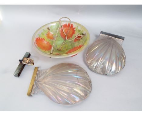 An early 20th century plafonnier type glass ceiling shade with moulded and painted floral detail, 35.5. cm diameter approx, t