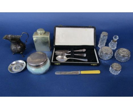 Mixed collection of silver comprising a baluster cream jug with S scroll handle and three cabriole feet, six silver topped gl