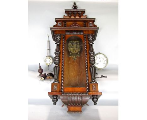 Vienna regulator type wall clock in typical architectural case, with three train dial in need of reassembly, pendulum and key