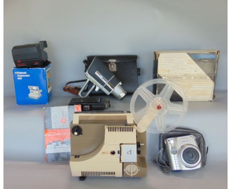 A collection of vintage camera equipment to include a boxed folding Brownie, a Super 8 projector, a Duvidal Ford transistor t