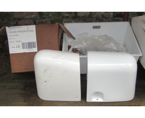 A Roca white glazed sink, a Victoria Plumb semi-recessed basin and semi-pedestal (unused), further white glazed sink, a Frank