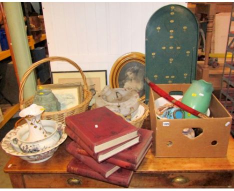 One lot of miscellaneous ceramics and glassware, partially housed within wicker baskets, a sabre, angle poise 90 table lamp, 