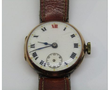Early gent's Rolex W &amp; D lug head watch, the enamel dial with roman numerals and subsidiary second dial, upon a period le