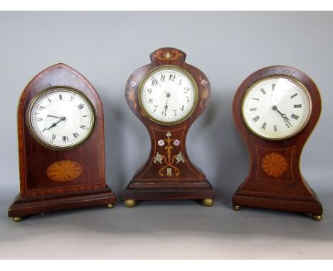 Art nouveau stylised balloon head walnut mantel clock with boxwood and mother of pearl inlay, together with further balloon h