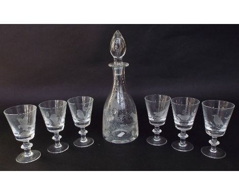 A good quality novelty decanter and glass set, all engraved with various songbirds amidst foliage, the decanter 30cm high (7)
