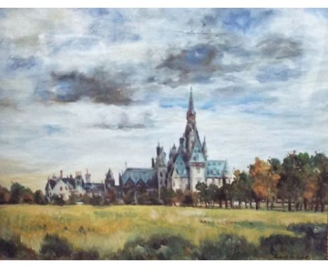 Robert M Scott (British 20th century) - Landscape with ecclesiastical or college buildings, oil on canvas board, signed, 40 x