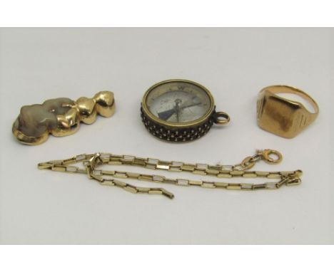 Mixed group comprising a 9ct signet ring, yellow metal compass charm, piece of 9ct bar link chain, etc, chain and ring 7.5g t