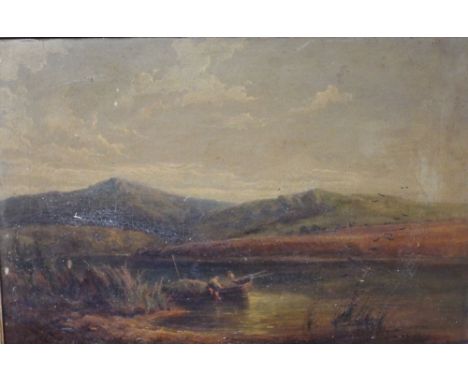 James Edwin Meadows (British 1828-1888) mountainous lake scene with figures and a rowing boat, oil on canvas, signed and indi