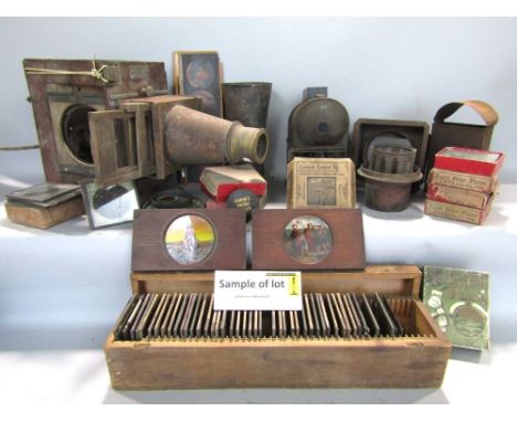 A collection of magic lantern wares to include a viewer and slides together with further miscellaneous items to include a lar