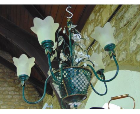 French metal five branch ceiling light decorated with glass flower work and drop beadlets, 60 cm, diameter