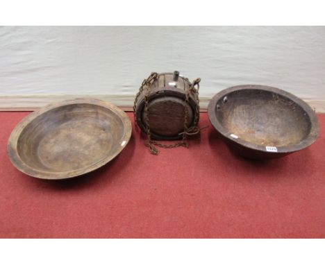 Two early dairy bowls and flask in oak, iron banded (3)