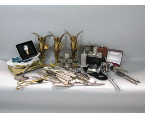 A box of interesting items to include three cast gilt metal angels, a collection of flatware, a ladies Rotary watch in box, h