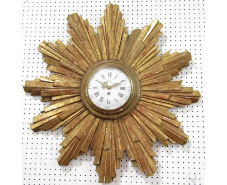 Good French carved gilt wood sunburst cartel type wall clock, with convex glass and enamel dial, with Arabic and roman numera