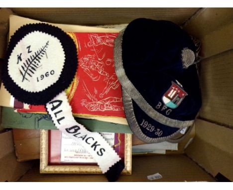 A velvet sports cap, BFC 1929-30, 1960s All Blacks pennant, a framed 1955 New York air ticket, vintage Cunard menus, etc (1)