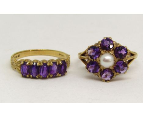 Two 9ct amethyst dress rings; a floral cluster example centrally set with a pearl, size O/P and a five stone example, size P,