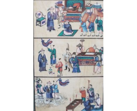 19th century Chinese school - Set of three watercolours of figures, immortals, scribes, etc (in one panel) with printed label
