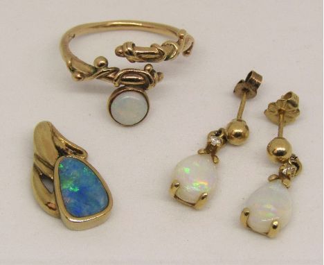 Group of 9ct opal jewellery comprising a pair of drop earrings set with diamonds and pear cut opals and a stylised pendant an