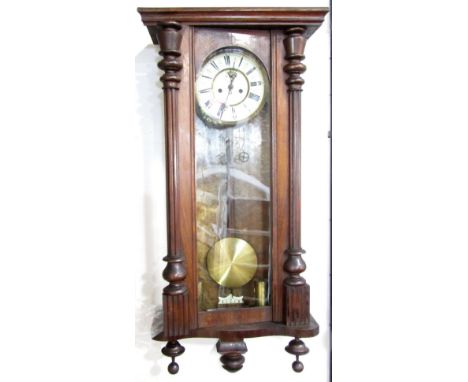 Vienna regulator wall clock, the enamel chapter ring with Roman numerals and geometric decoration, two train dial and subsidi