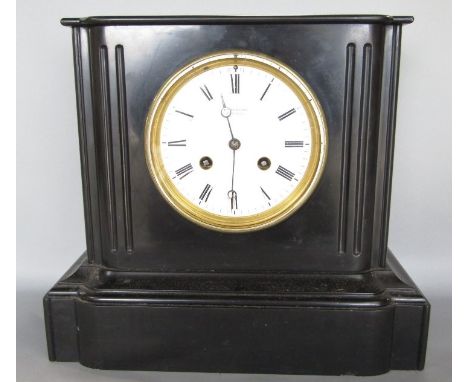 William Edwards of Birmingham twin train black slate mantel clock, the enamel dial with roman numerals, striking on a bell, 2