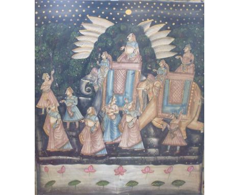20th century Indian school - Procession of figures and elephants, watercolour on fabric panel, 94 x 81 cm, framed