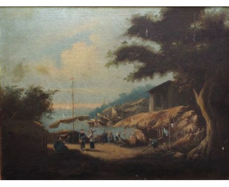 19th century Anglo-Chinese school - Harbour scene with figures, fishing vessels, etc, oil on canvas, unsigned, 44 x 59 cm, fr