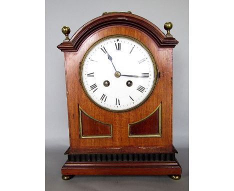 Mahogany twin train miniature bracket type clock, the convex enamel dial with two train movement and Roman numerals, striking