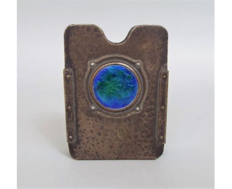 Liberty Tudric style Arts &amp; Crafts hammered pewter playing card case with iridescent blue enamel roundel, in the manner o