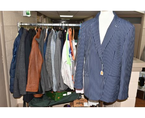 A QUANTITY OF GENTLEMEN'S CLOTHING AND ACCESSORIES, to include a Gurteen striped blazer, UK size 48R, a Douglas Gold Shetland