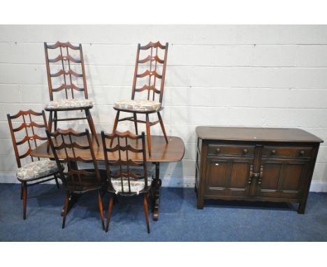 A DARK ERCOL TRESTLE DINING TABLE, length 152cm x depth 77cm x height 73cm, along with a set of five dark Ercol model 496 lad