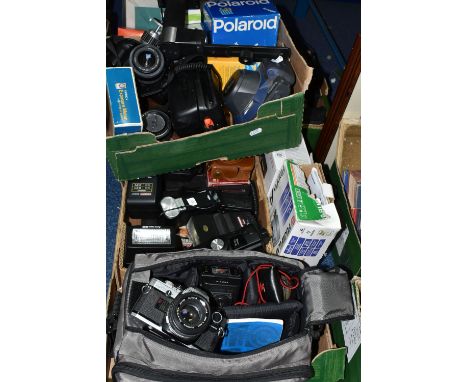 THREE BOXES OF CAMERAS AND EQUIPMENT, to include a Minolta 200mm lens 100-300mm, a Fujifilm Instax 100 camera, a Minolta Dyna