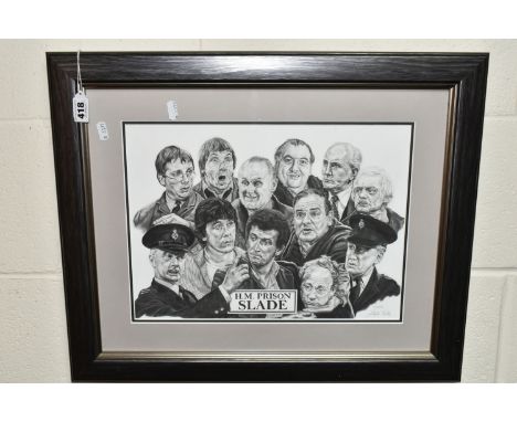 A LIMITED EDITION STEVE LILLY PRINT: PORTRAIT OF PORRIDGE CHARACTERS, H.M. Slade 5/350, pencil signed in lower right corner, 