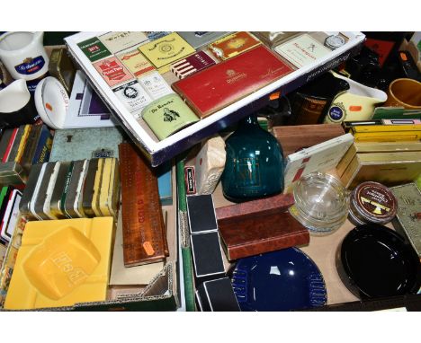 A LARGE COLLECTION OF TOBACCO AND CIGARETTE ADVERTISING SUNDRIES, to include three Bakelite cribbage boards 'Golden Virginia'